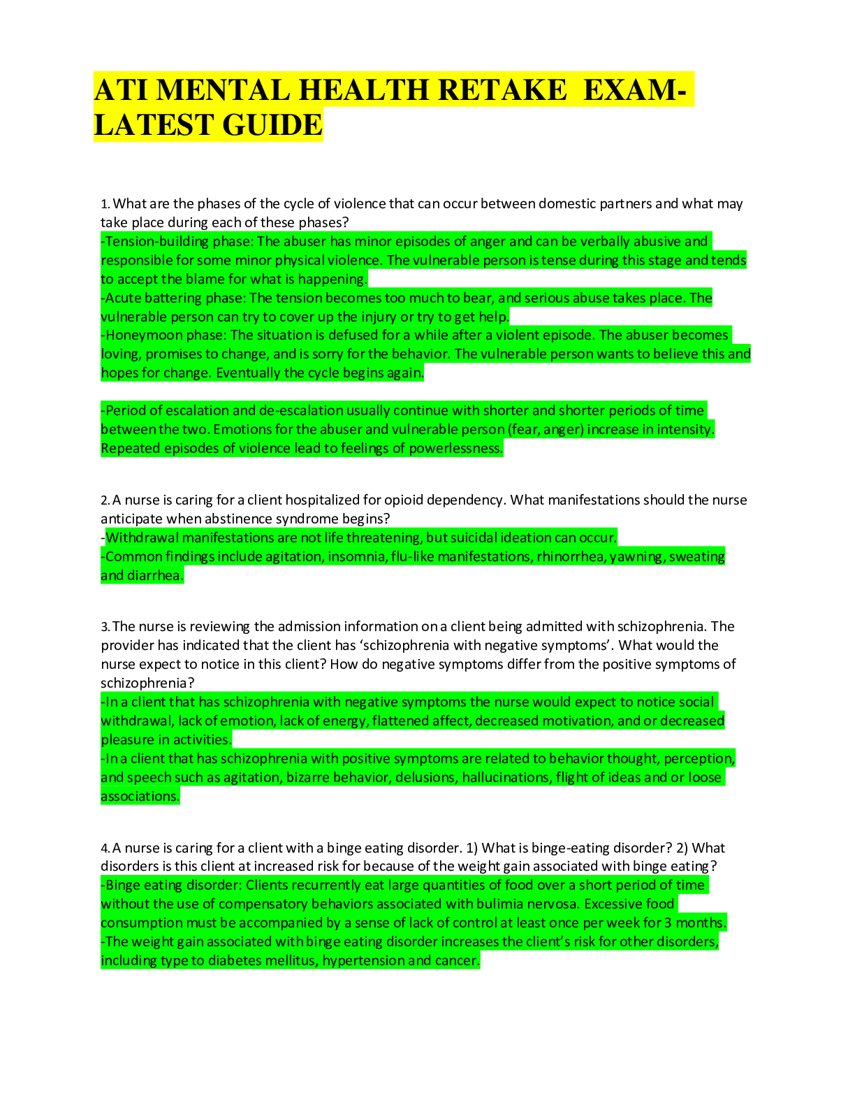 Preview image for ATI MENTAL HEALTH RETAKE  EXAM- LATEST GUIDE